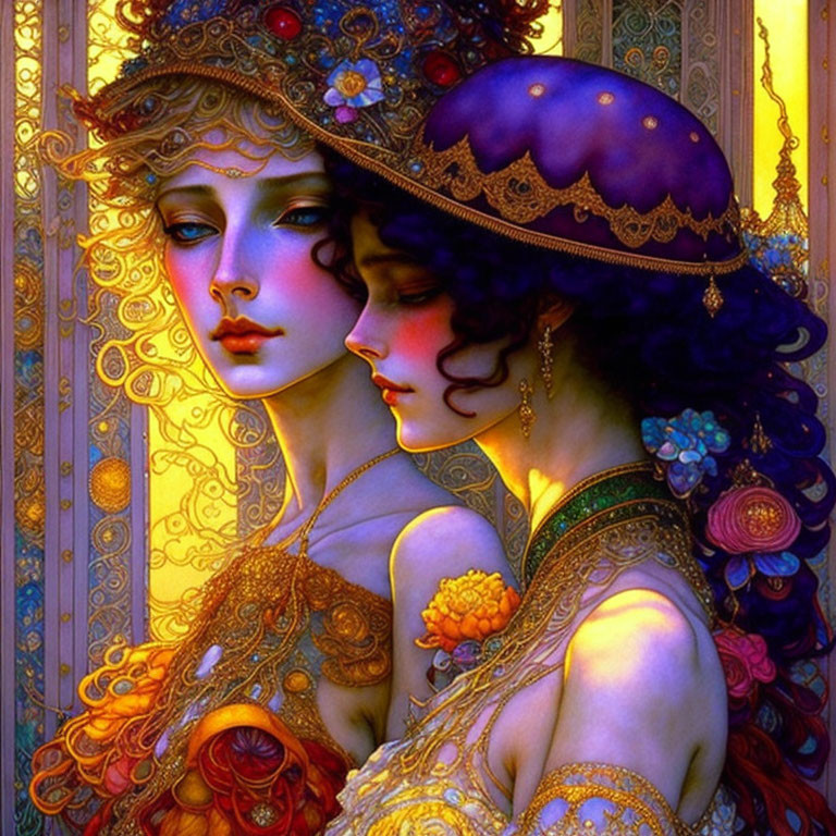 Colorful Artwork Featuring Adorned Women with Floral Motifs