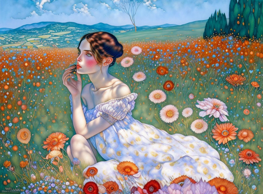 Woman in Floral Dress Sitting in Vibrant Orange Flower Field