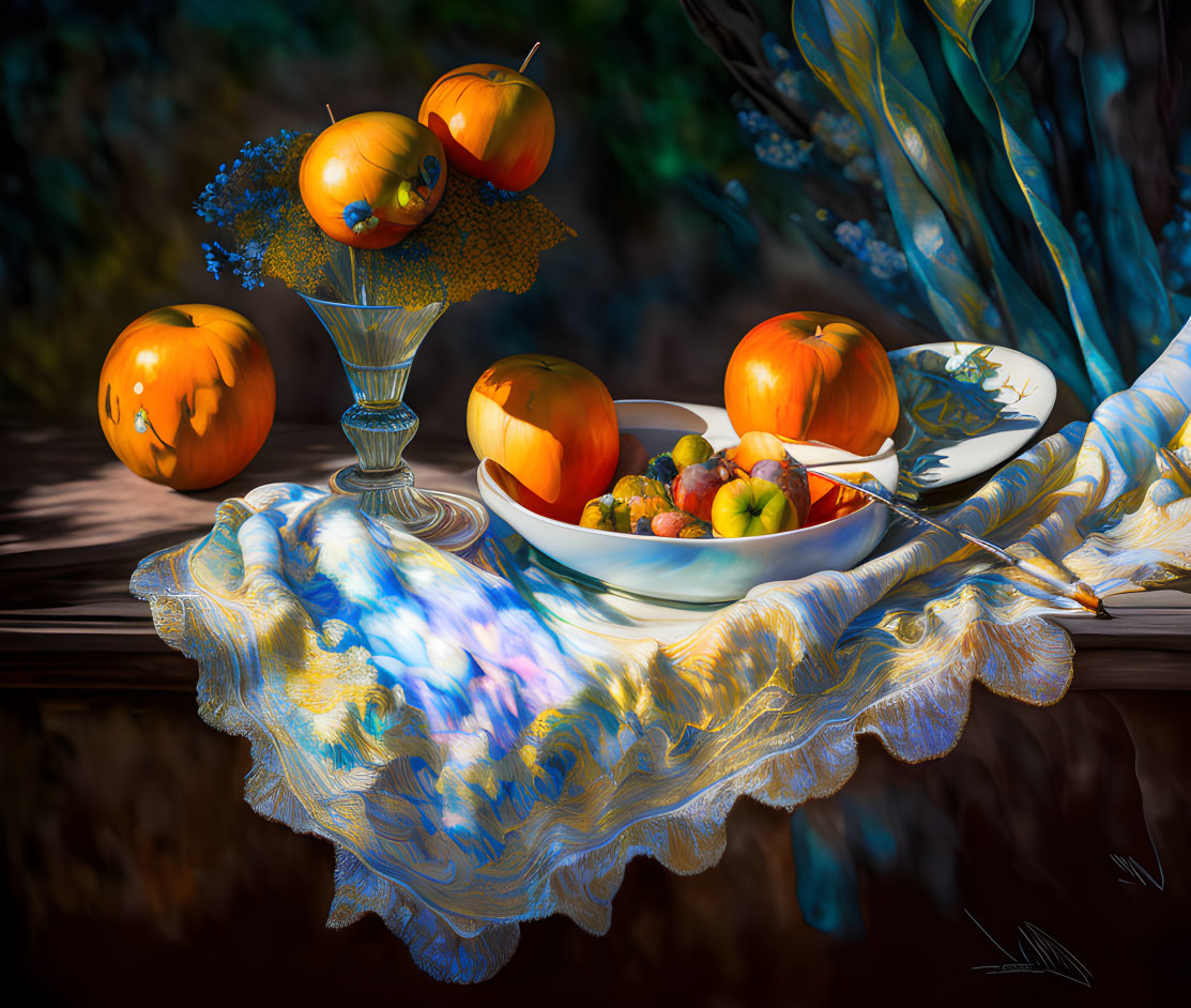 Still life painting with apples in a bowl and cherry-topped apple on a white and blue cloth