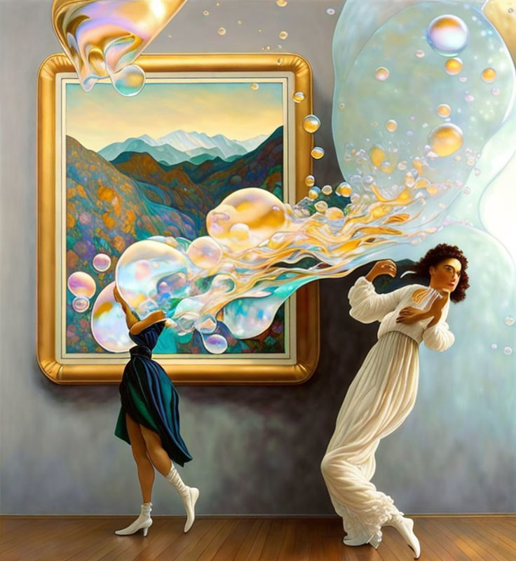 Woman in white attire blowing soap bubbles over landscape painting on wooden floor