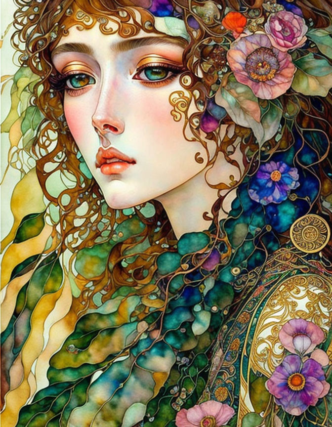 Detailed illustration of woman with floral & golden scroll decorations, soft colors, pensive expression