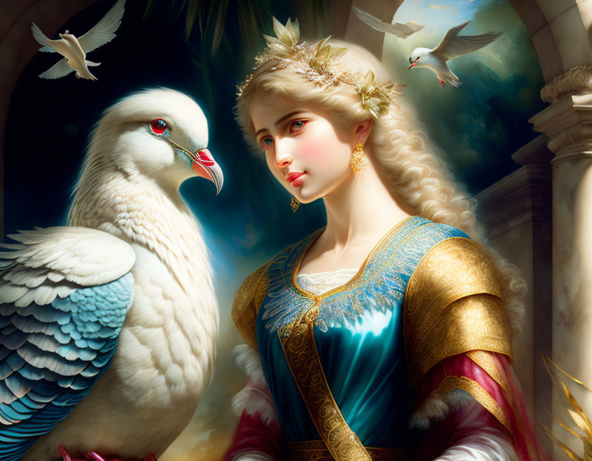 Regal woman with golden hair and leaf crown beside white pigeon in serene ambiance