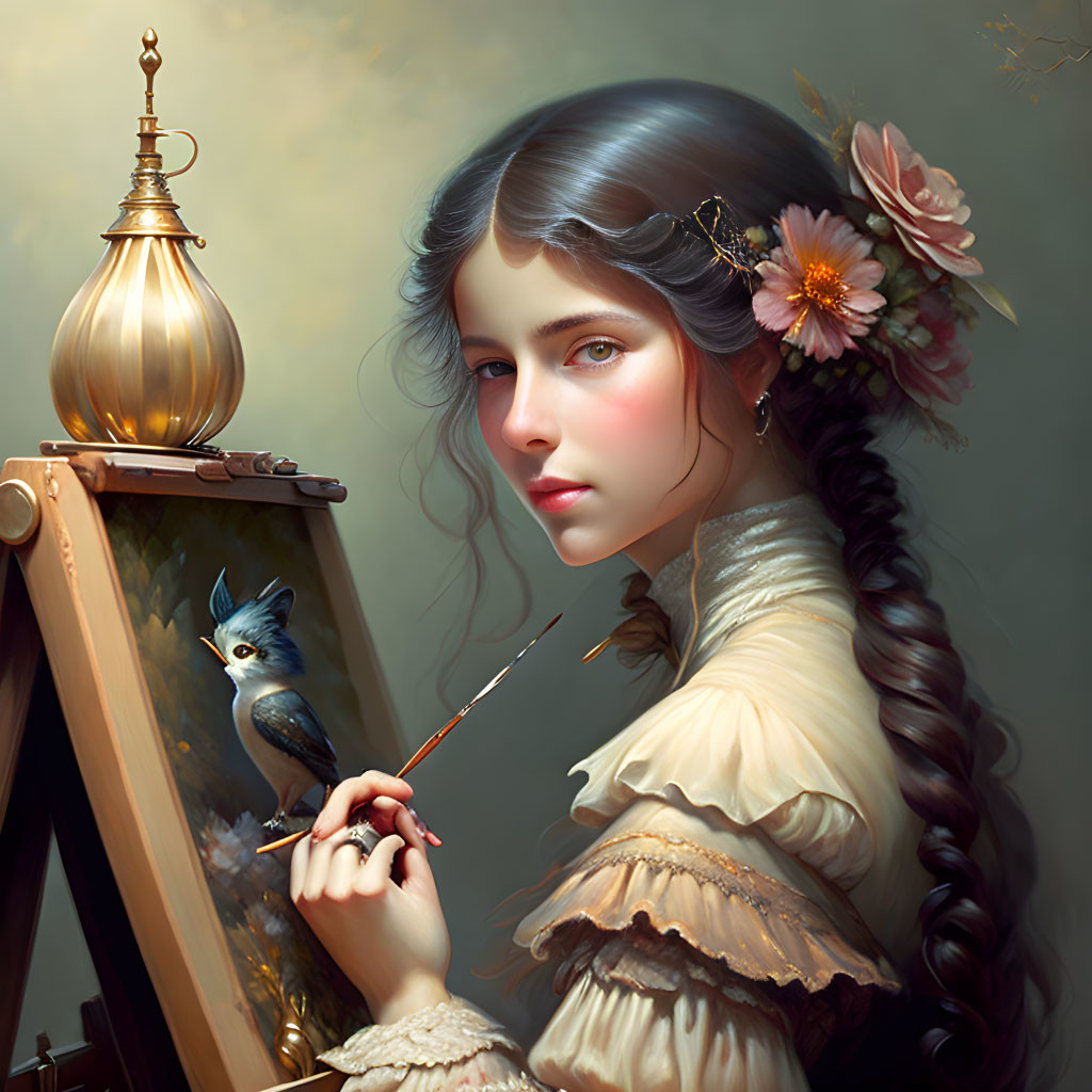 Painter with long braid and floral accessory captures bird on canvas in soft backdrop.