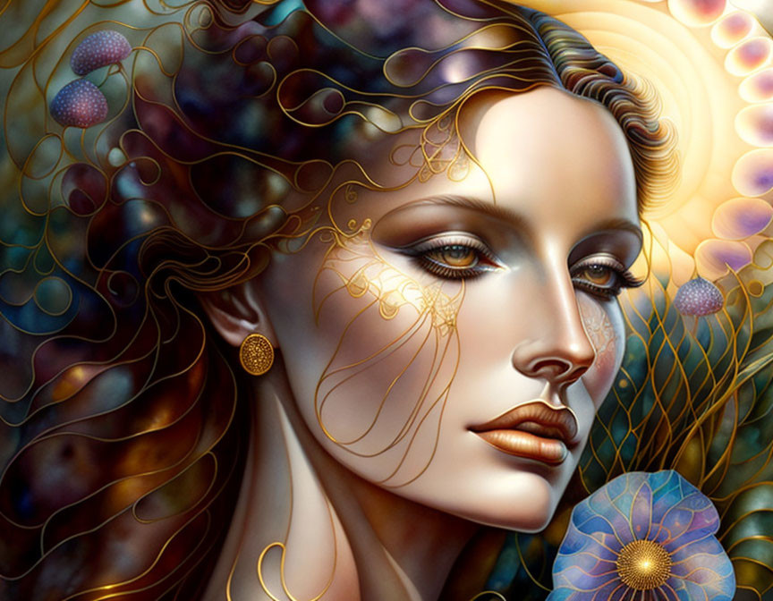 Golden-haired woman artwork with intricate patterns and stylized flora