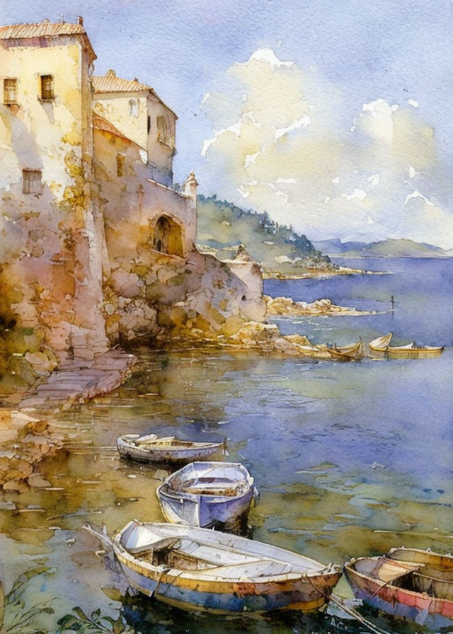 Tranquil coastal scene with boats and old stone buildings