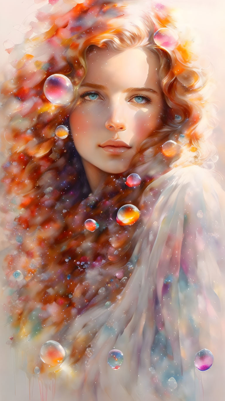 Ethereal illustration of a woman with sparkling blue eyes and bubbles