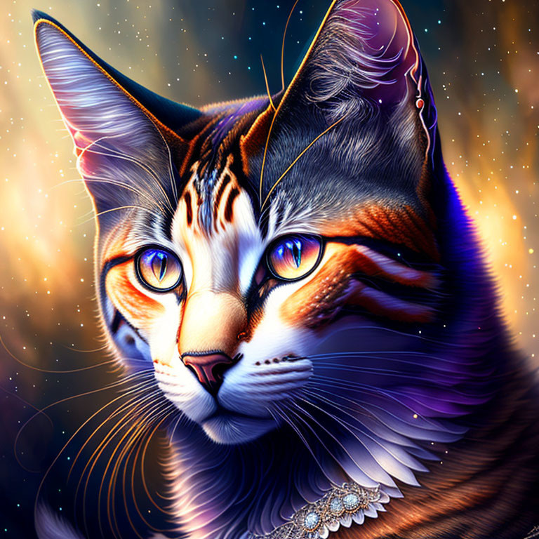 Colorful digital artwork: Cat with blue eyes on cosmic background