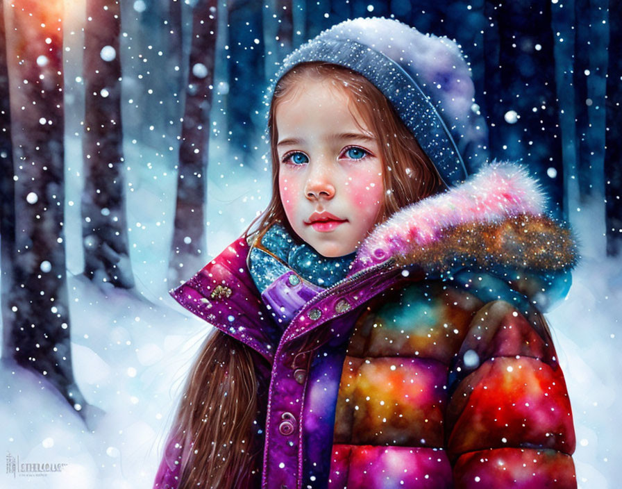Young girl in colorful winter attire standing in snowy scene