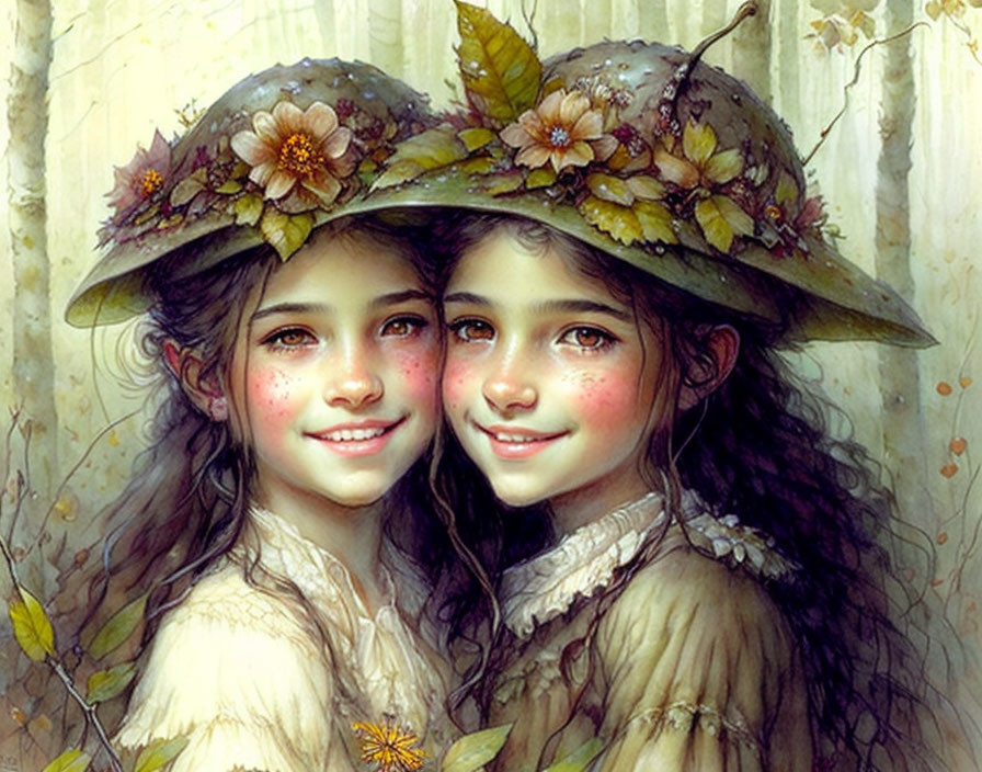 Smiling girls in leaf hats and matching dresses on pale background