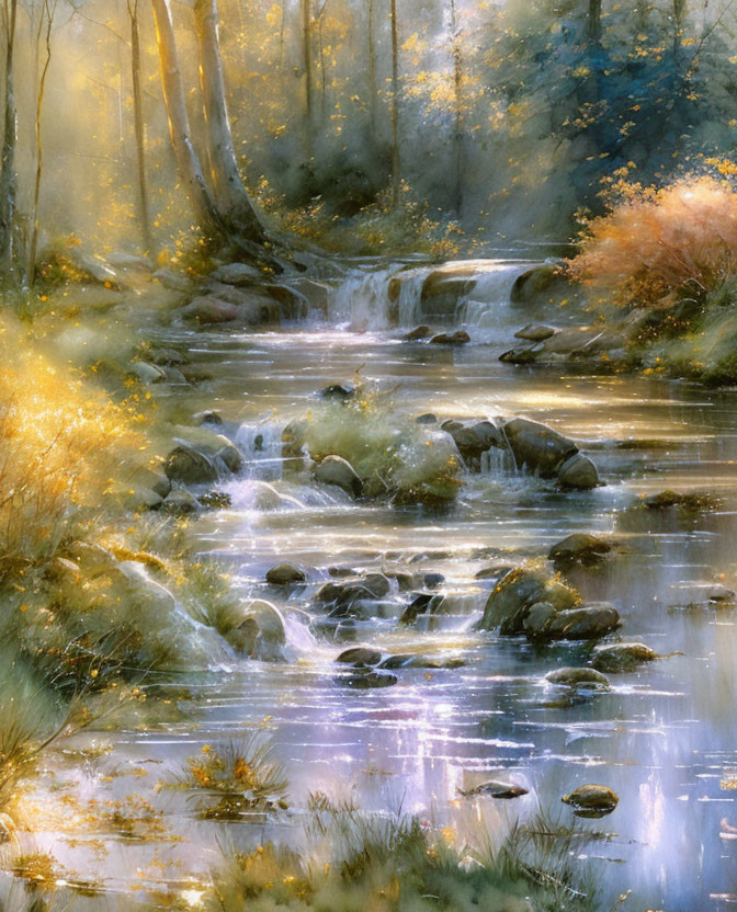 Tranquil forest stream in autumn sunlight