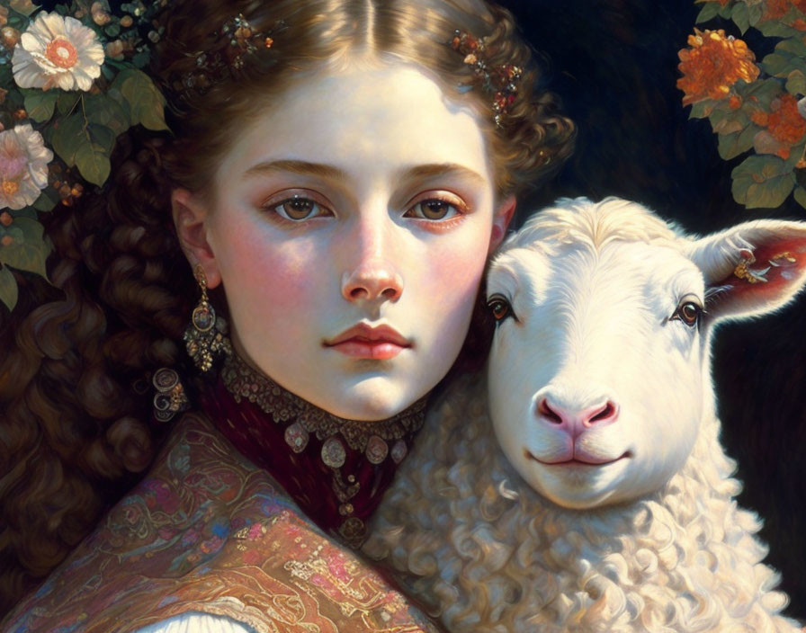 Portrait of Young Woman with Curly Hair and Sheep on Dark Floral Background