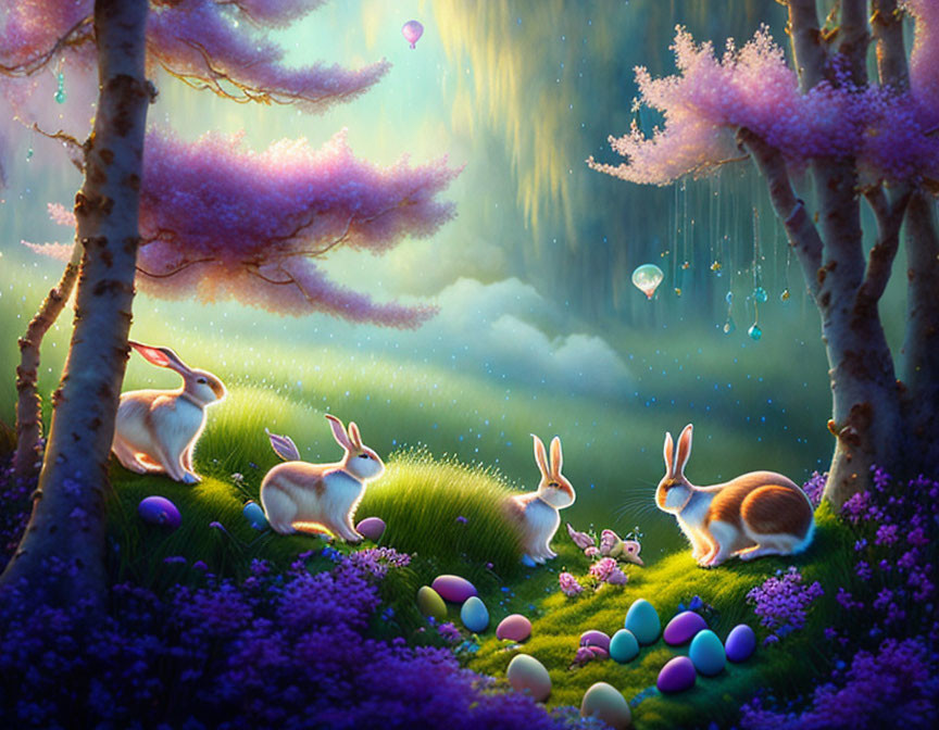 Colorful Easter Eggs and Rabbits in Enchanted Forest Setting