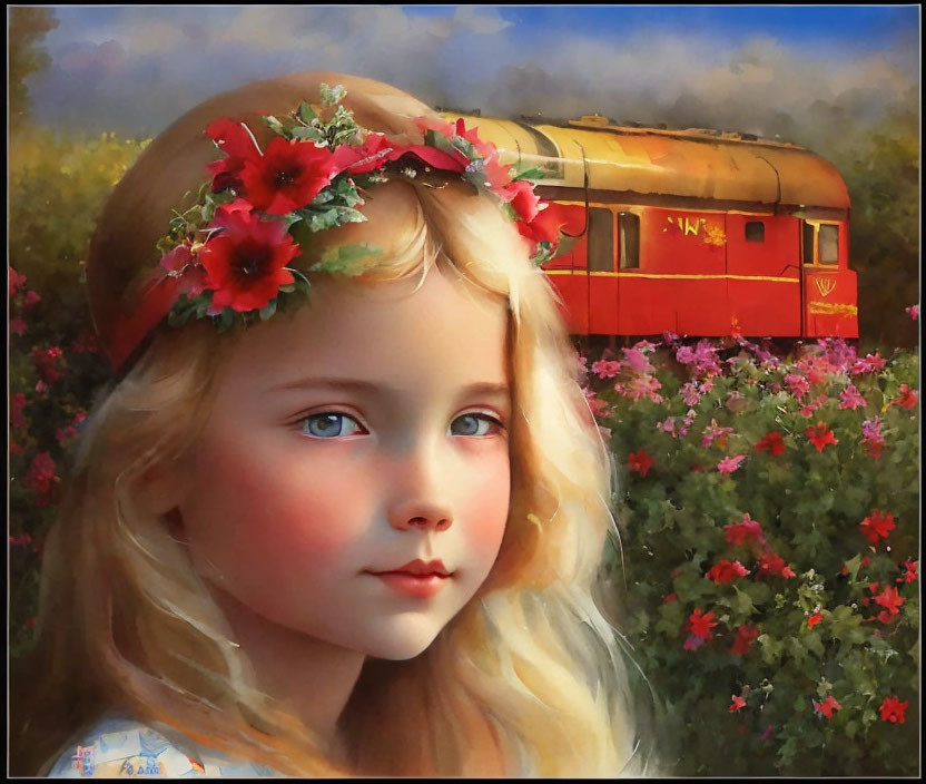 Young girl with floral headband and vintage red train in a blooming flower setting