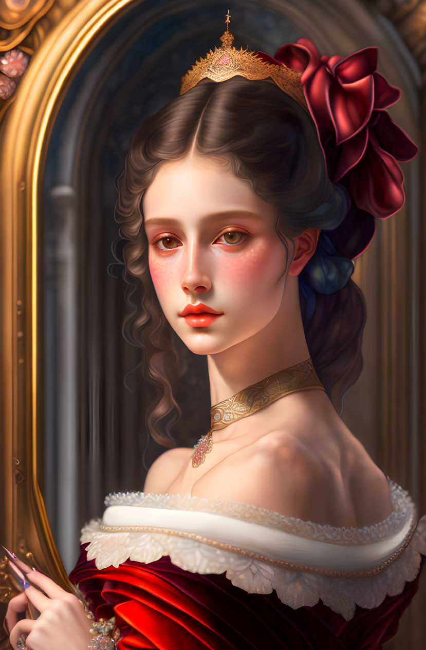 Young woman in Victorian attire with red dress and gold jewelry beside mirror