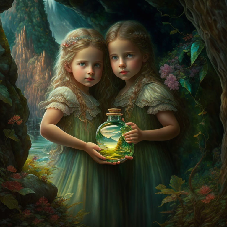 Twin girls in green dresses with glowing landscape jar in enchanted forest