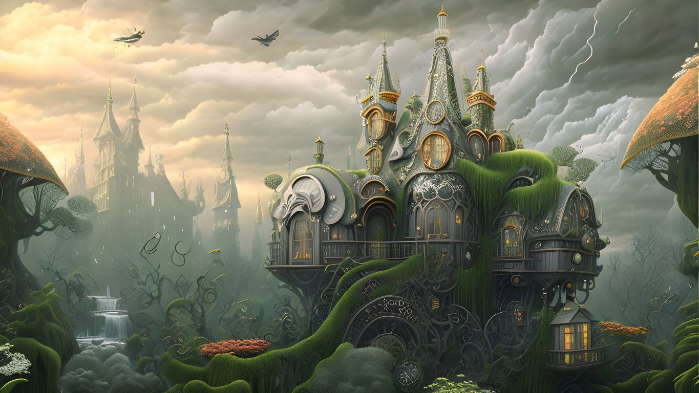 Intricate fantasy landscape with castle-like structures, lush greenery, waterfalls, flying ships,