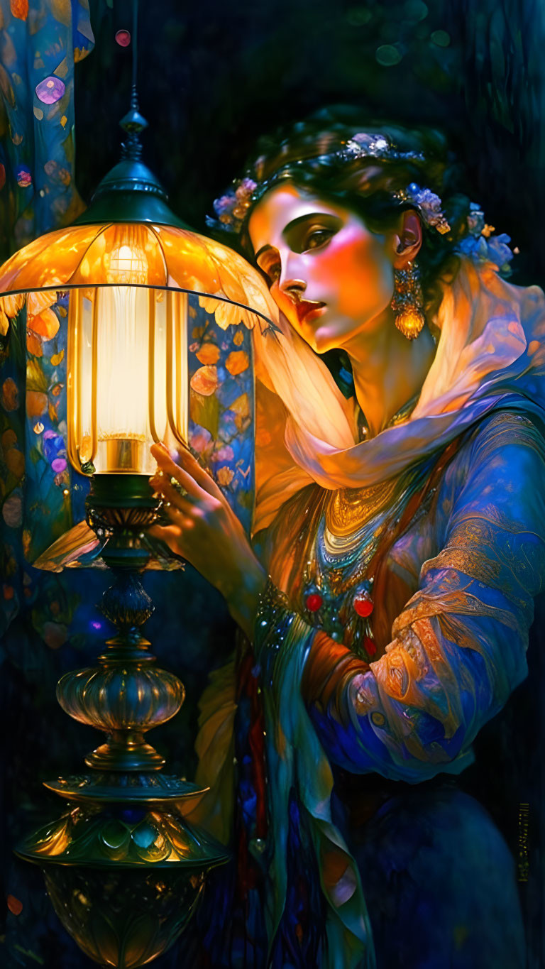 Illustrated woman with jewelry and headscarf holding lantern in blue and purple backdrop
