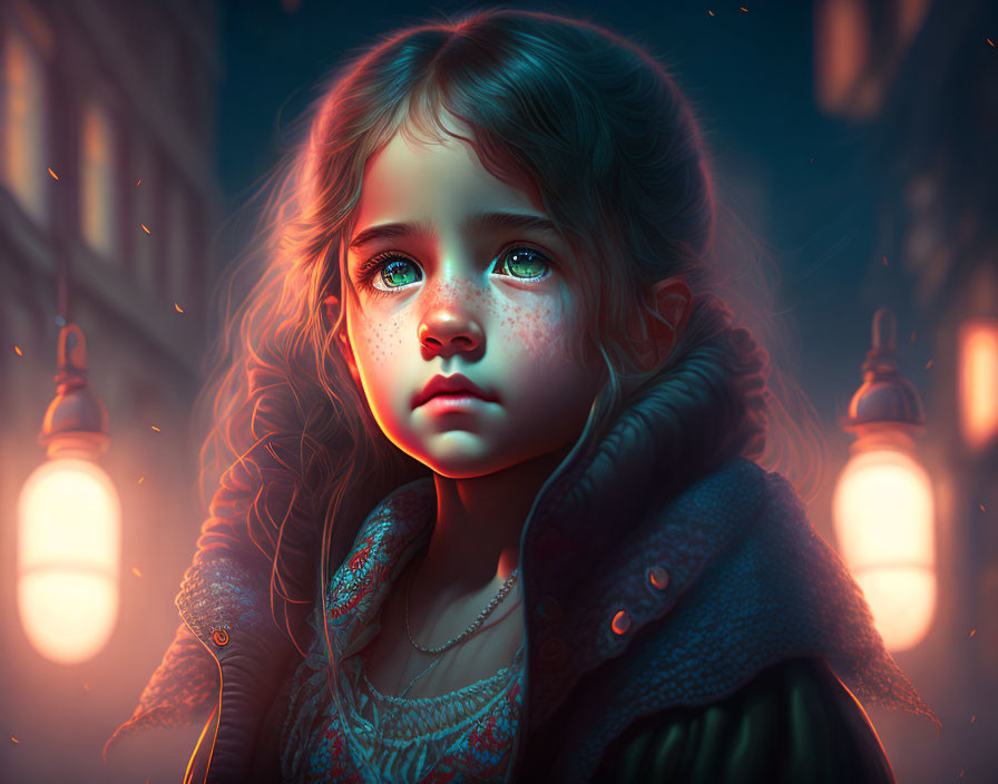 Digital Artwork: Young Girl with Blue Eyes in Moody Night Ambiance