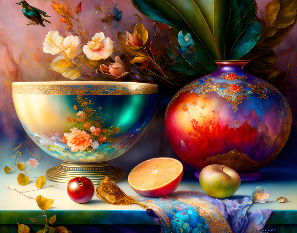 Colorful still-life painting with bowl, vase, fruits, fabric, and hummingbird