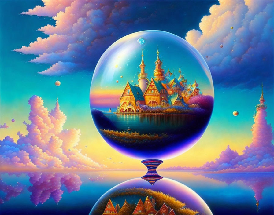 Fantasy landscape with floating crystal ball, castle, colorful clouds, and spheres