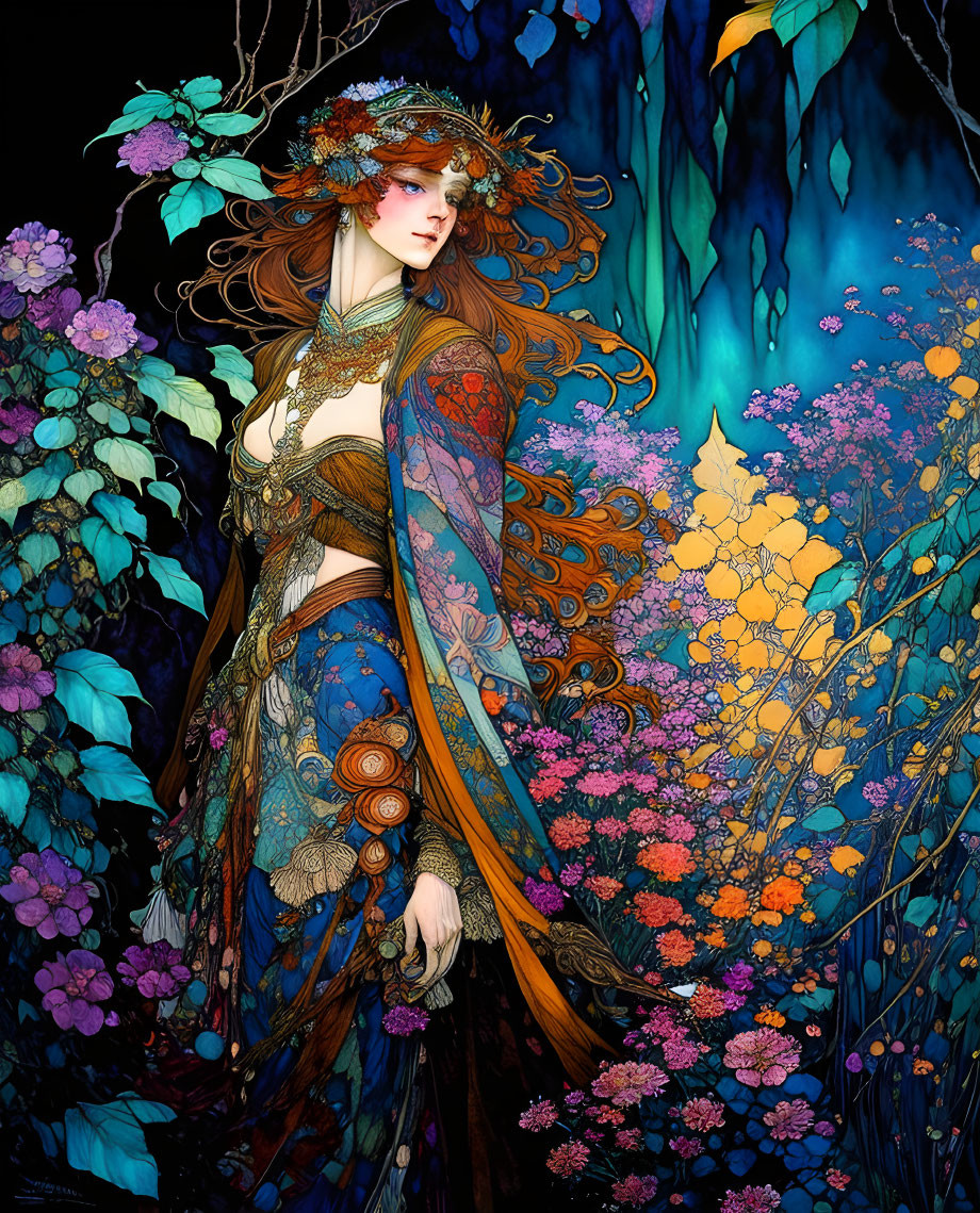 Illustrated woman with flowing hair and vibrant robes among colorful flowers
