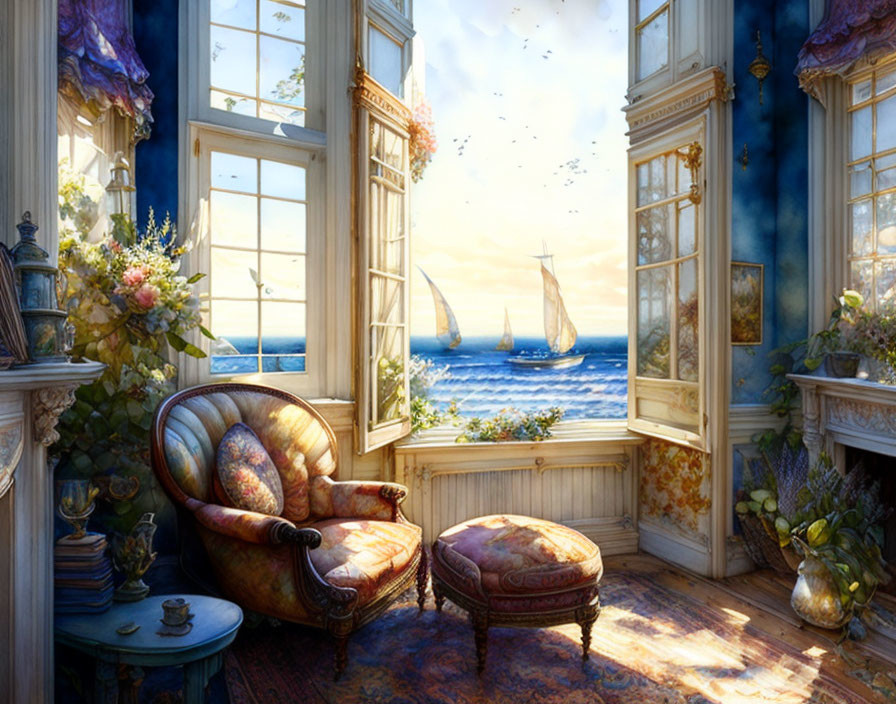 Sunlit Room with Elegant Chair, Sailboat View, Flowers, and Butterflies