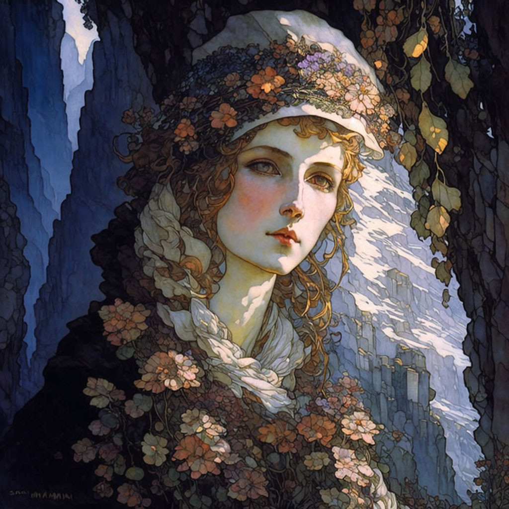 Portrait of Woman with Curly Hair, Flowers, Hat, Vines, and Birch Tree