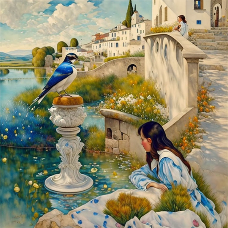 Colorful painting of girl by water with bluebird on fountain