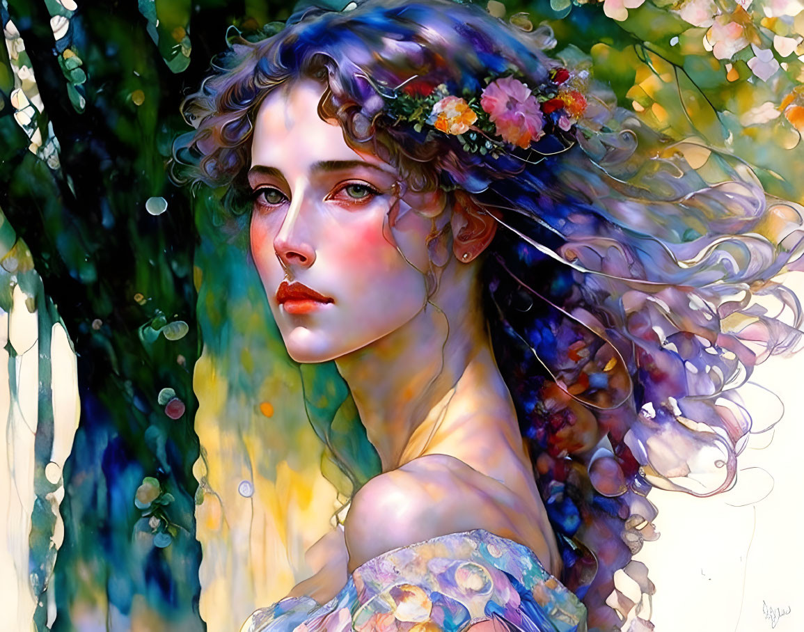 Colorful illustration: Woman with curly hair and flowers in ethereal setting