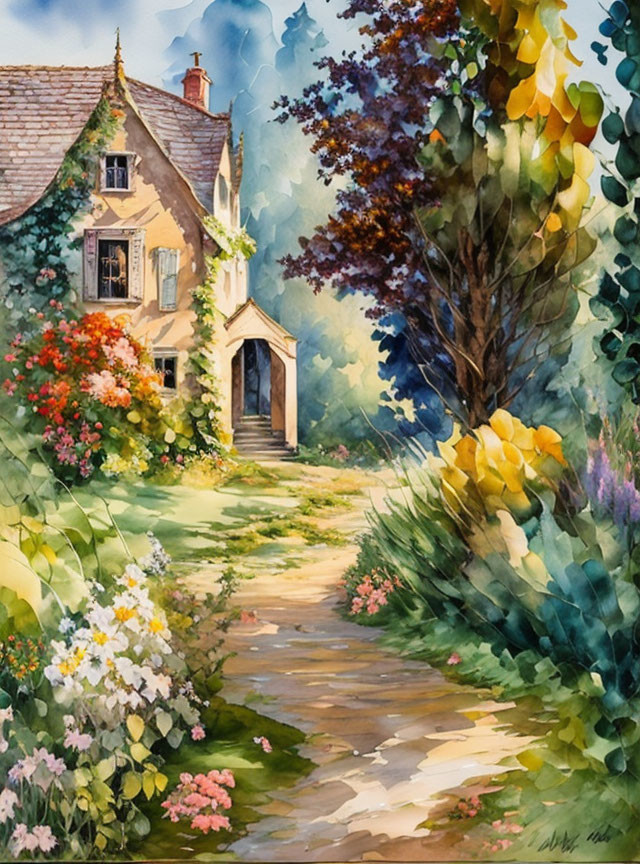 Vibrant watercolor painting of a cottage in lush garden