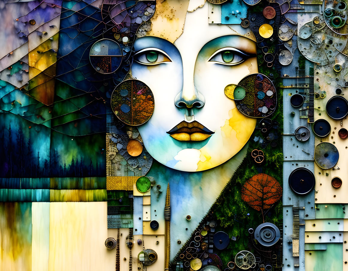 Vibrant mosaic artwork of woman's face with abstract and mechanical elements