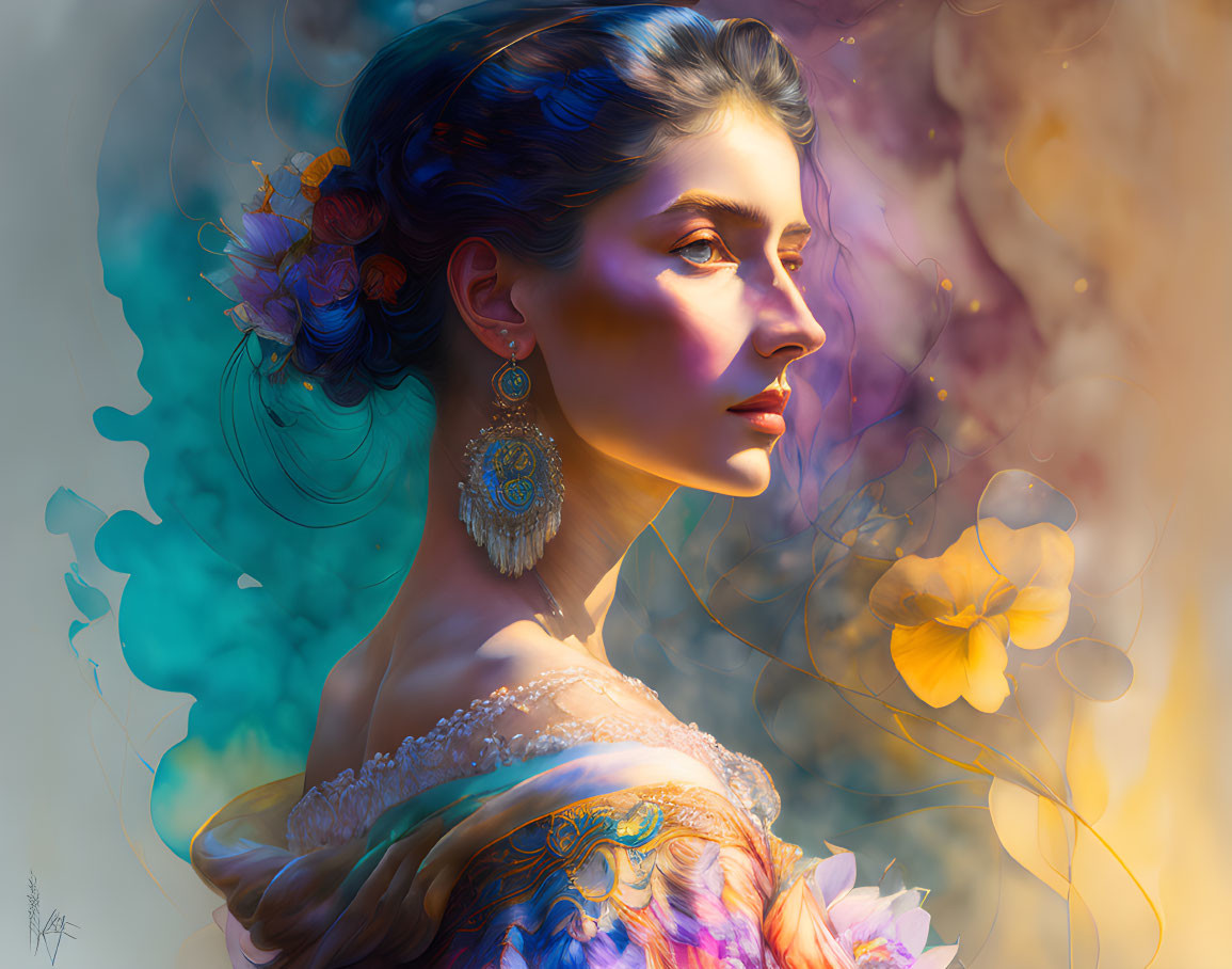 Vibrant digital artwork of woman with flower, earrings, and butterfly