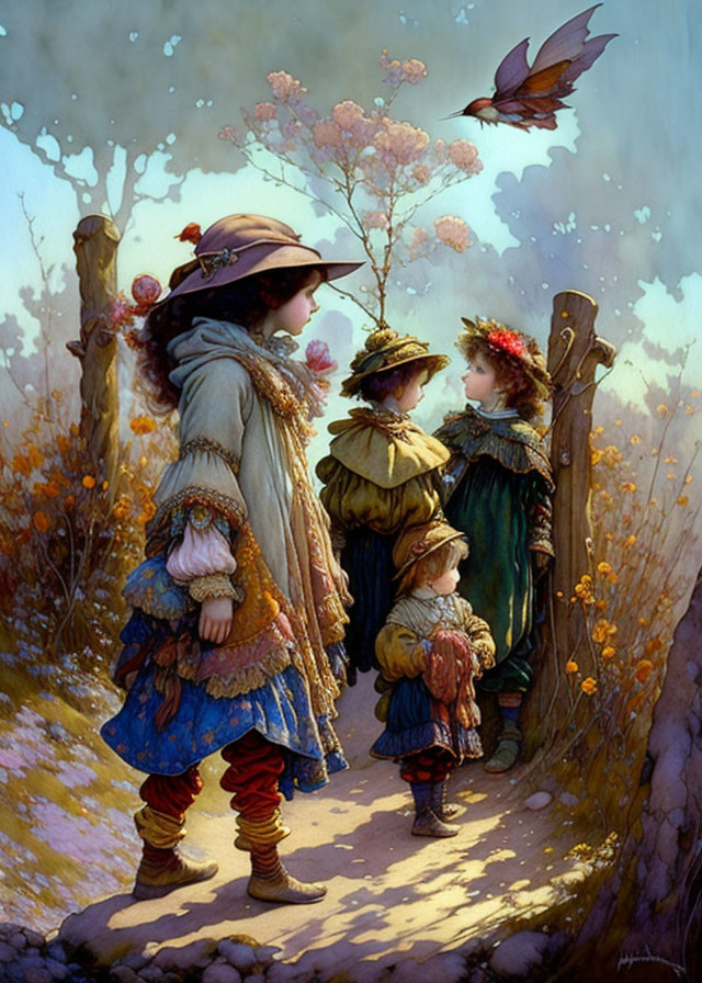 Illustration: Four children in vintage attire in magical forest with bird and ethereal light