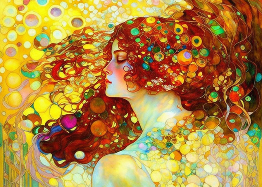 Colorful artwork featuring woman with red hair in dreamlike setting