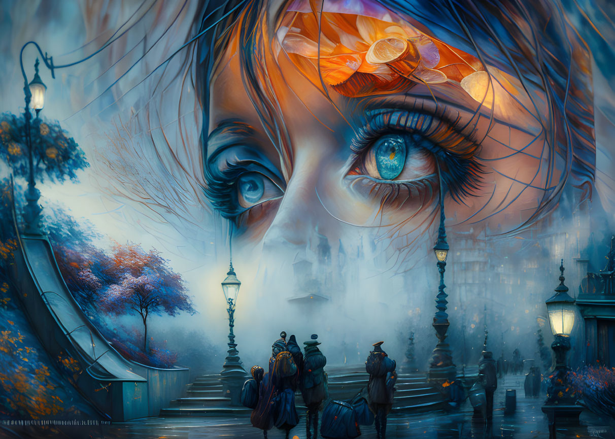 Surreal artwork: Woman's eyes merge with misty blue street scene