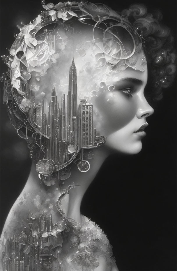 Monochromatic female portrait with cityscape and mechanical elements fusion