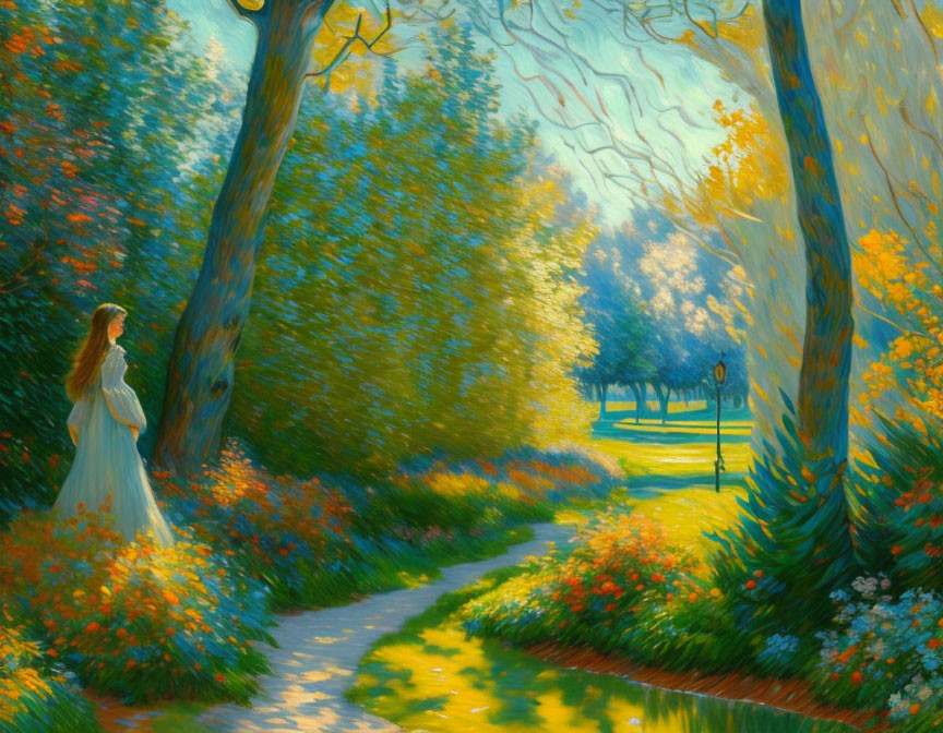 Woman in white dress on sunlit path in vibrant forest