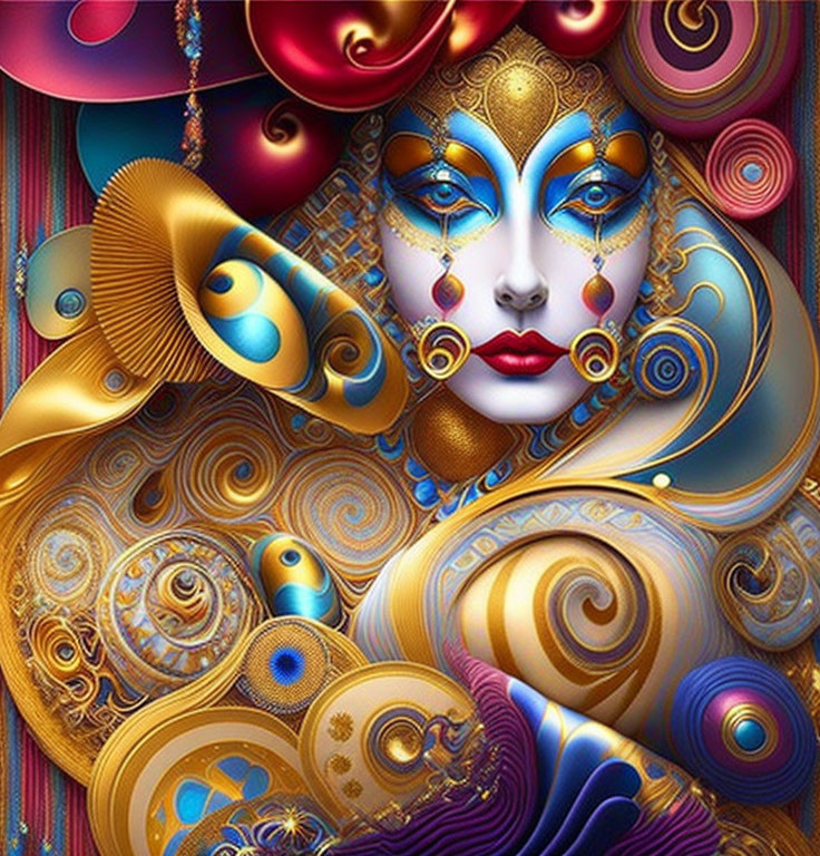 Digital artwork: Stylized woman with blue skin, ornate headdress, jewelry, and pe