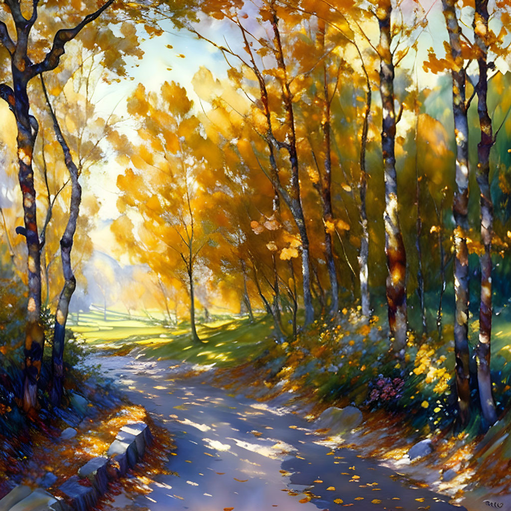 Tranquil Autumn Pathway Through Golden-Leaved Trees