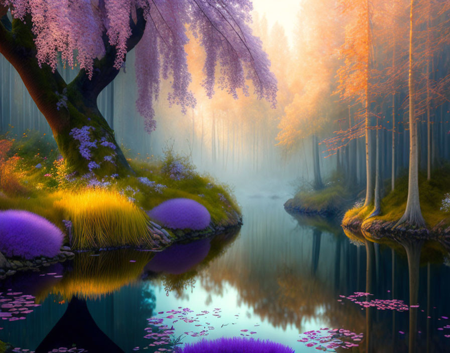 Tranquil forest scene with river, blooming trees, and colorful flora