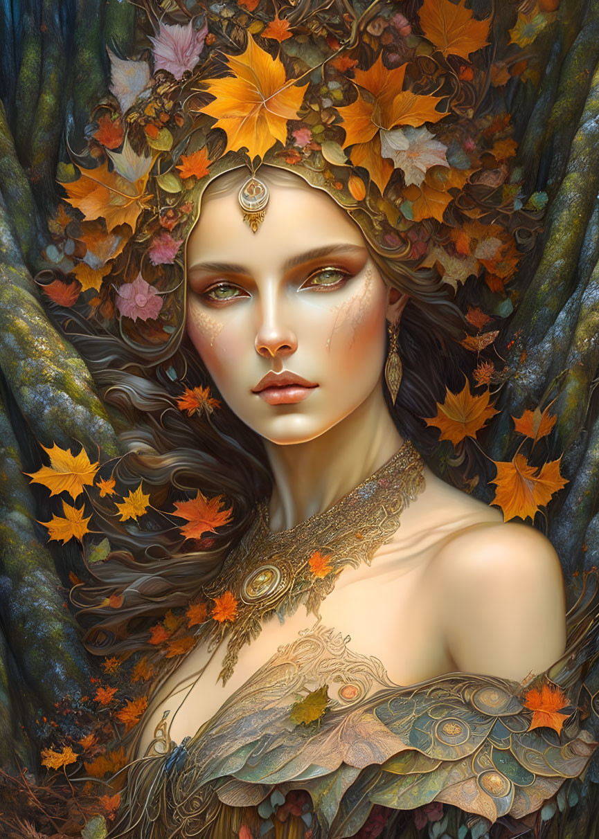 Fantasy portrait of woman with autumn leaves, ornate jewelry, and mystical aura among trees