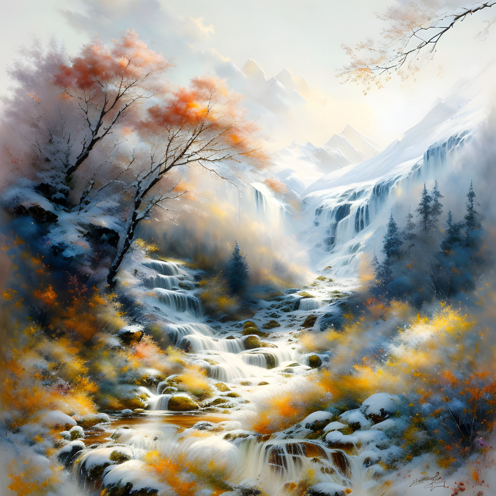 Tranquil autumn landscape with waterfall, amber trees, and snow-capped mountains