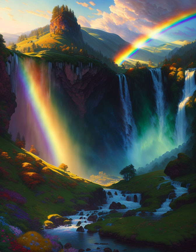 Scenic landscape with waterfall, rainbow, river, and flowers