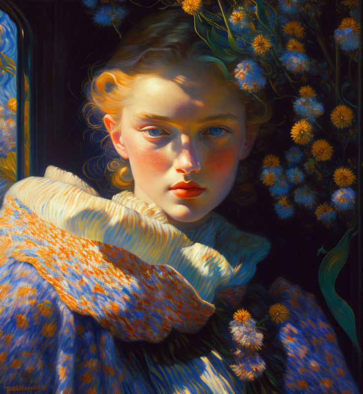 Young woman with blue eyes and blond hair among yellow flowers