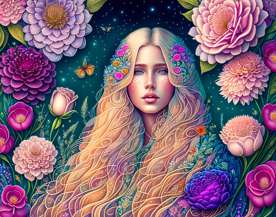 Vibrant illustration of woman with golden hair, surrounded by flowers and butterflies