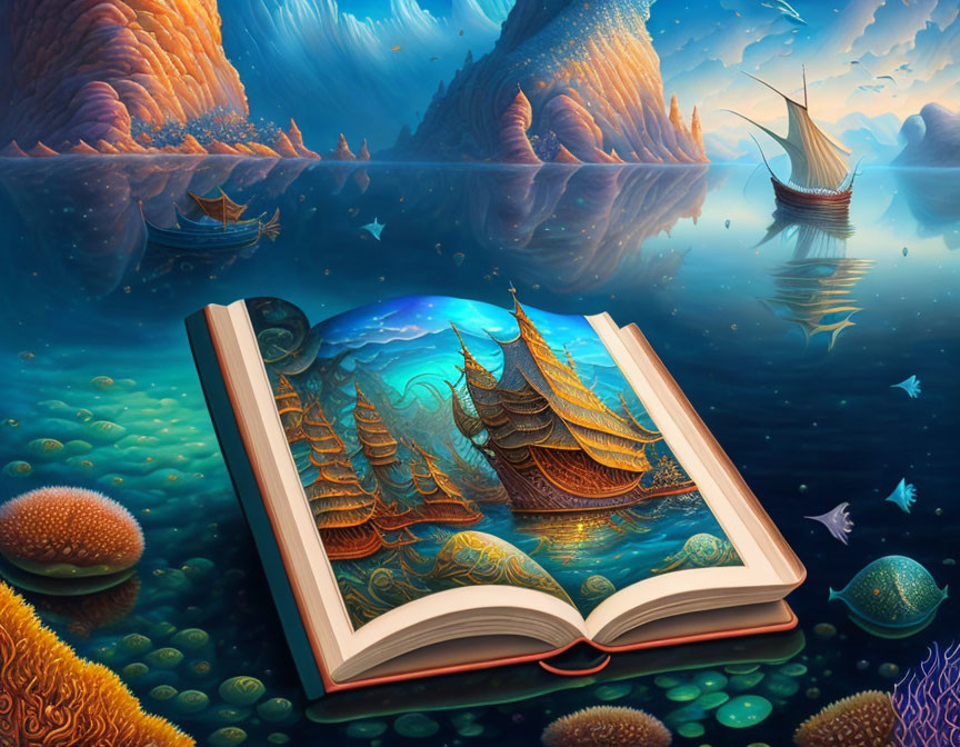 Open book displaying seascape transformation with sailboats and coral under starry sky