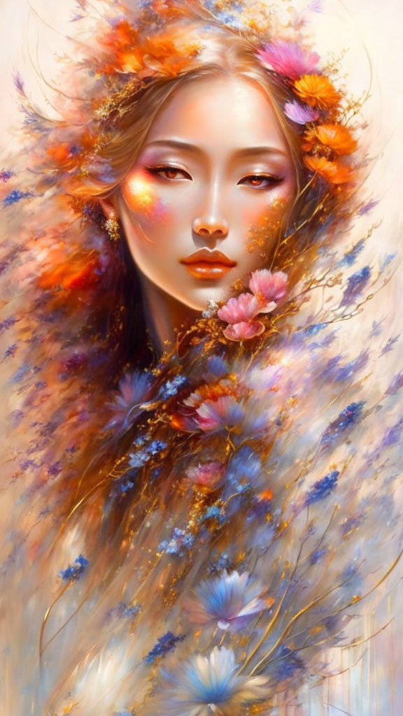 Ethereal portrait of woman with flowers, warm golden glow.