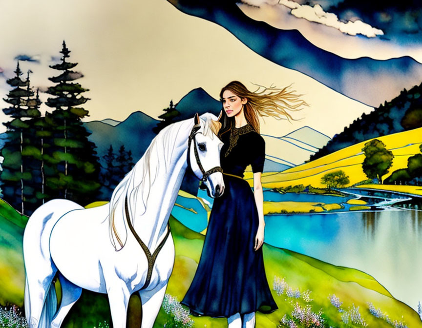 Illustration of woman with flowing hair next to white horse in vibrant landscape