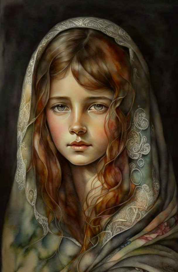 Portrait of Young Girl in Decorative Hooded Shawl with Melancholic Expression