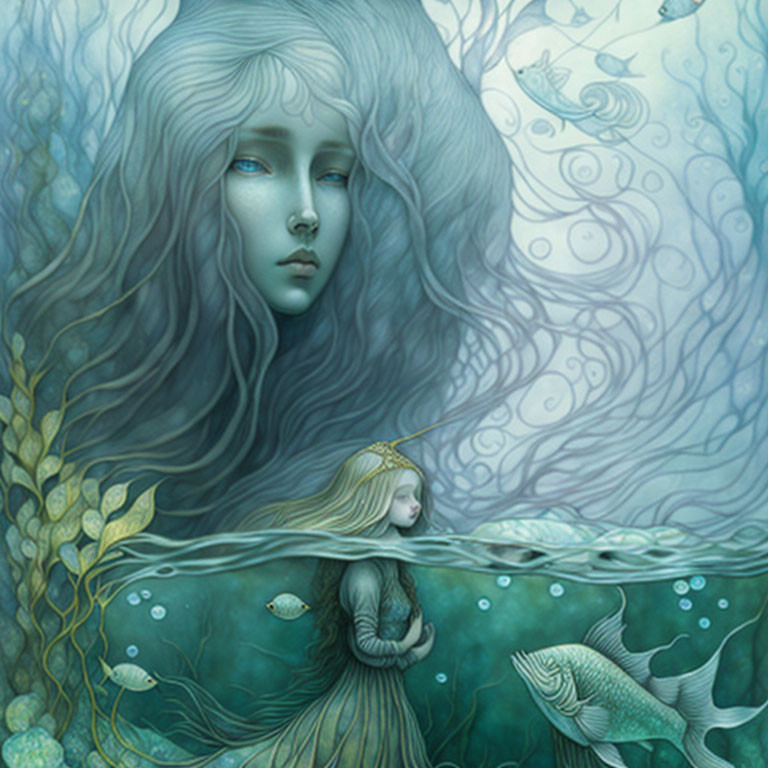 Illustration of woman merging with marine life and fish in a fantastical underwater scene